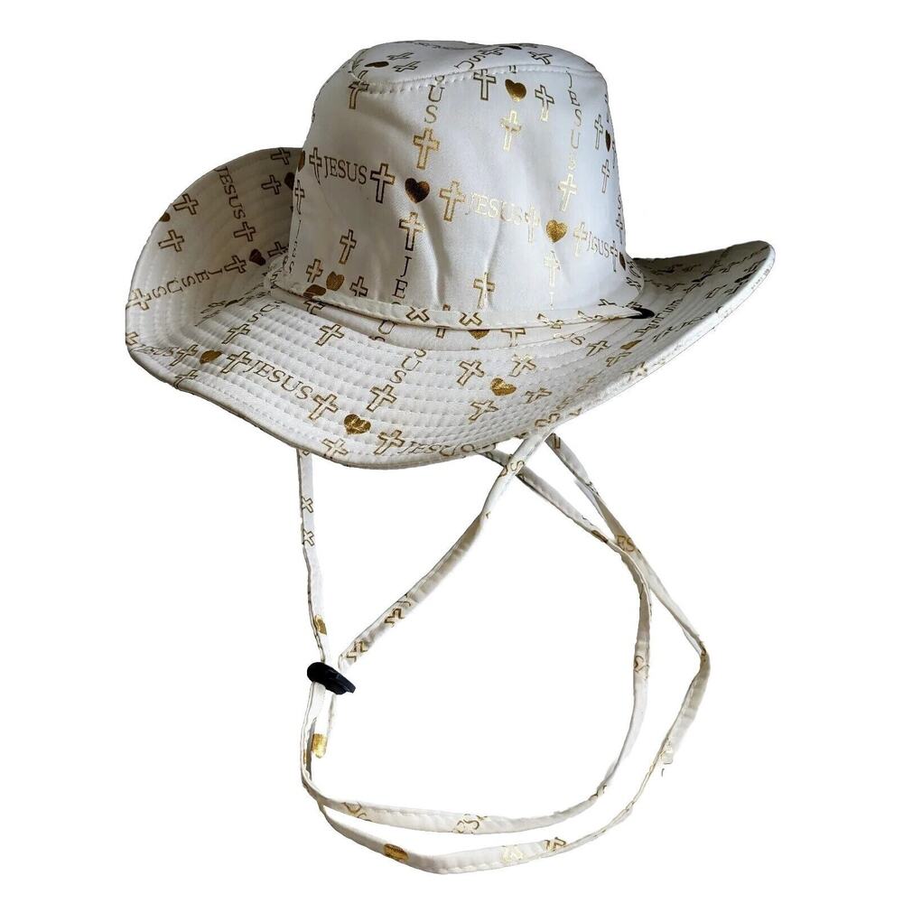 Christian Cowboy Hat Cowgirl Ivory Satin Metallic Gold Cross Hearts Jesus Kolob